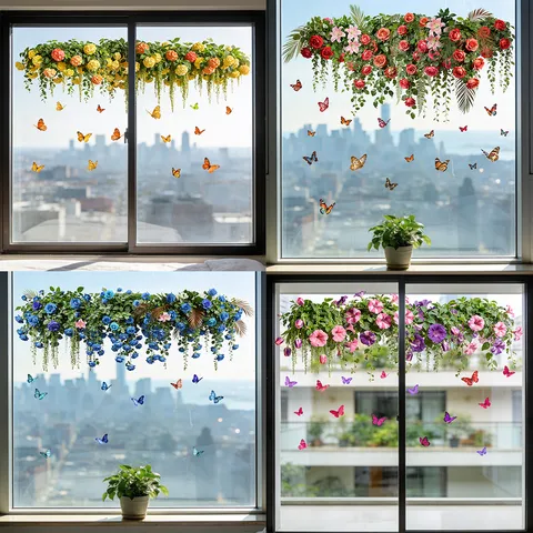 Butterfly Flower Hanging Basket Static Glass Sticker Removable Waterproof PVC Window Decal Pastoral Style Floral Decor