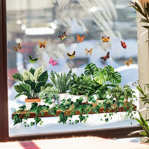 Modern PVC Green Plants Butterfly Static Window Clings Removable Decorative Glass Stickers For Shop Window Home Living Room Decor