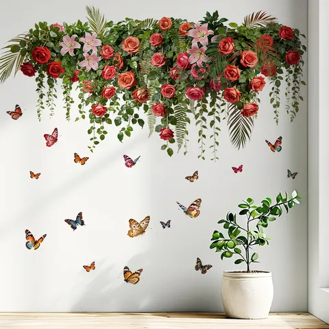 Butterfly Flower Hanging Basket Wall Sticker Removable PVC Waterproof Home Decor For Living Room Bedroom Floral Mural Decal
