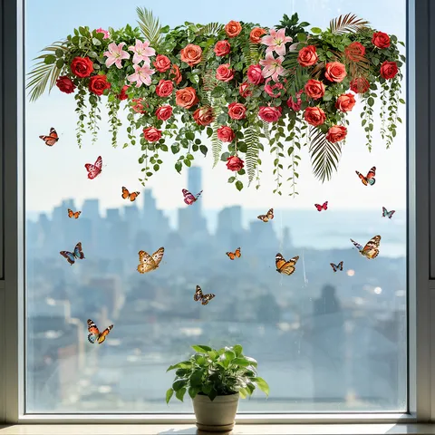 Butterfly Flower Hanging Basket Static Glass Sticker Removable Waterproof PVC Window Decal Pastoral Style Floral Decor