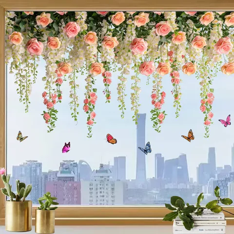 Double-Sided Floral Butterfly Window Sticker UV Printed Removable PVC Glass Decal For Home Shop Window Decoration