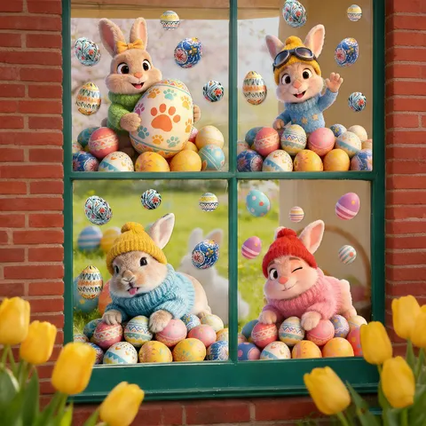3D Static Cling Easter Window Sticker Rabbit Egg Cartoon Glass Decal Festive Home Party Decor Wall Sticker