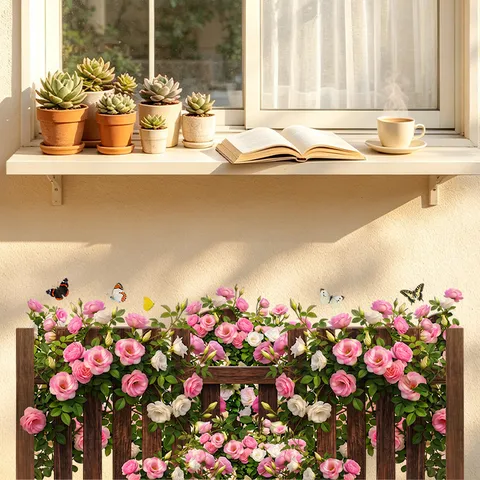 Rose Flower Butterfly Wooden Fence Wall Sticker Waterproof Self-Adhesive PVC Decal For Living Room Bedroom Baseboard Home Decor