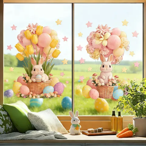 Adesivi Statici per Finestre con Coniglietto e Uova di Pasqua Rimovibili Fronte Retro in PVC Fiori Mongolfiera Stella Fungo Decalcomanie per Vetri Casa Decorazione Festiva