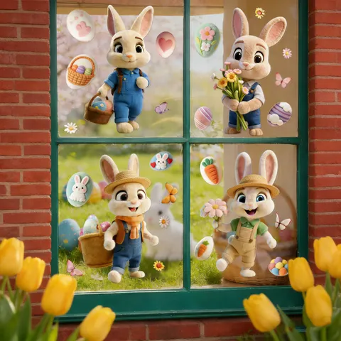 Easter Bunny Hot Air Balloon Blessed Window Stickers Static Cling PVC Decals For Glass Door Home Party Decoration Festive Wall Art