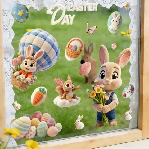 Easter Bunny Hot Air Balloon Blessed Window Stickers Static Cling PVC Decals For Glass Door Home Party Decoration Festive Wall Art