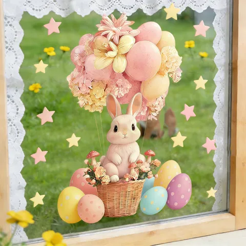 Adesivi Statici per Finestre con Coniglietto e Uova di Pasqua Rimovibili Fronte Retro in PVC Fiori Mongolfiera Stella Fungo Decalcomanie per Vetri Casa Decorazione Festiva