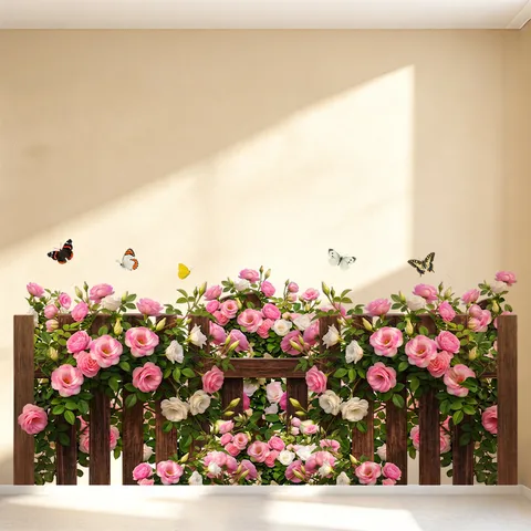 Rose Flower Butterfly Wooden Fence Wall Sticker Waterproof Self-Adhesive PVC Decal For Living Room Bedroom Baseboard Home Decor