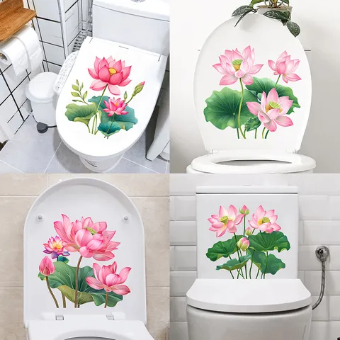 Waterproof Pink Lotus Flower Wall Sticker PVC Self Adhesive Toilet Decal Chinese Style Floral Decoration For Bathroom