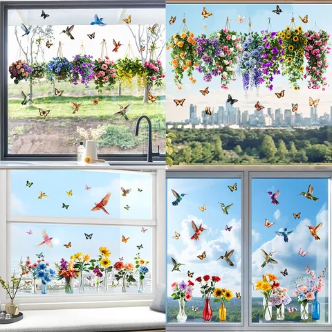 PVC Static Cling Window Sticker Hanging Flower Basket Bird Butterfly Waterproof Removable Glass Decal Home Decor