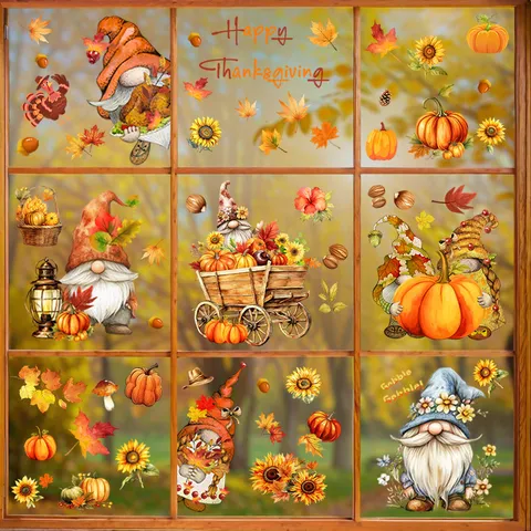 Thanksgiving Window Static Cling Stickers Pumpkin Maple Leaf Sunflower Gnome Turkey Autumn Glass Decor For Shop Home