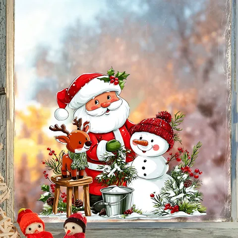 Christmas Window Clings Santa Claus Snowman Reindeer Electrostatic PVC Stickers For Shop Glass Door Holiday Decoration