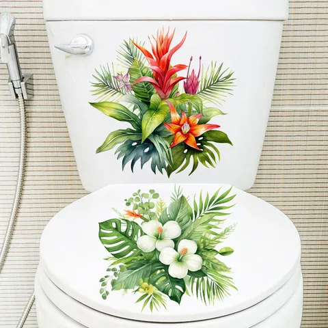 Tropical Green Plants Toilet Lid Sticker Waterproof PVC Decal For Bathroom Home Decor Leaf Pattern Removable Wall Sticker