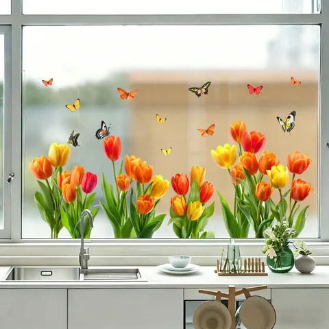 Tulip Peony Flower Butterfly Marine Life Static Cling Window Sticker For Shop Display Glass Door Home Decoration Decal