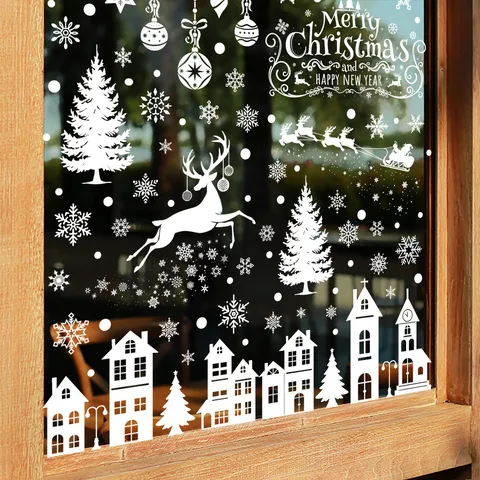 Fröhliche Weihnachten Statische PVC Fensteraufkleber Schneeflocke Rentier Haus Aufkleber Für Glastür Holiday Home Decoration