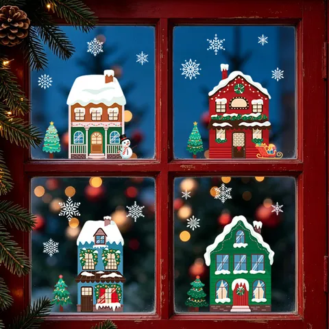 Fröhliche Weihnachten Statische PVC Fensteraufkleber Schneeflocke Rentier Haus Aufkleber Für Glastür Holiday Home Decoration
