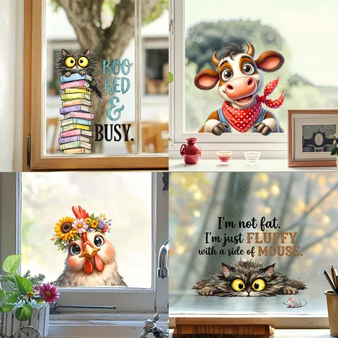 Cartoon Animal Window Cling Decals Cute Cat Cow Hen PVC Static Glass Stickers Waterproof Wall Art For Shop Home Decoration