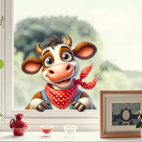 Cartoon Animal Window Cling Decals Cute Cat Cow Hen PVC Static Glass Stickers Waterproof Wall Art For Shop Home Decoration