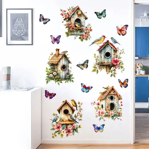 Watercolor Bird House Magpie Butterfly Wall Sticker Waterproof Self-Adhesive PVC Floral Wall Decal For Living Room Bedroom Home Decor
