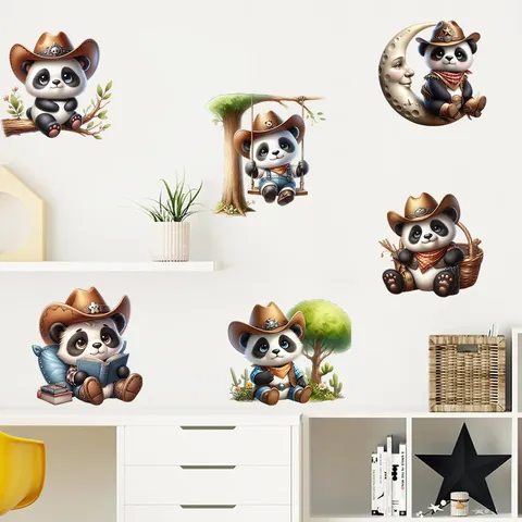 Cartoon Cowboy Panda Wall Stickers Waterproof Self Adhesive PVC Mural For Children Bedroom Living Room Home Decor