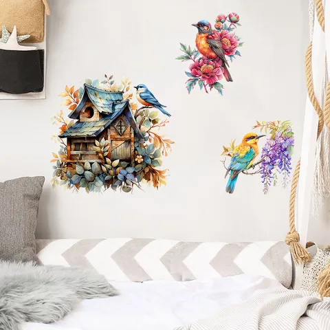 Watercolor Bird Birdhouse Wall Sticker Waterproof PVC Self Adhesive Floral Magpie Wall Decal For Living Room Bedroom Decor