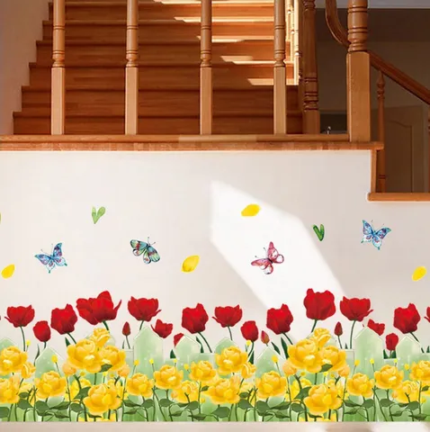 Pastoral PVC Waterproof Self-Adhesive Skirting Line Wall Sticker Floral Grass Butterfly Fence Home Decor Wall Art Decal