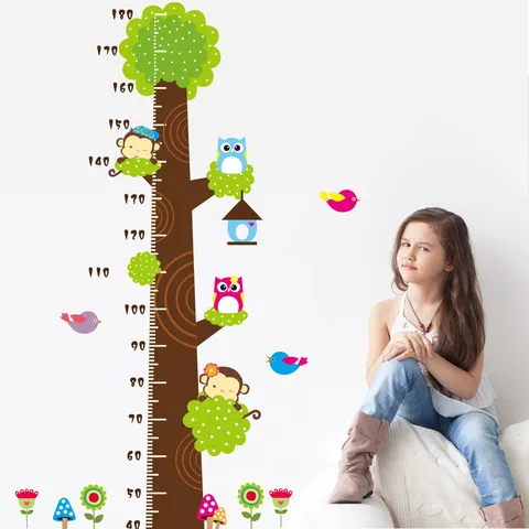 Cartoon Owl Monkey Tree Height Chart Wall Sticker Waterproof PVC Growth Ruler For Kids Room Nursery Bedroom Wall Decor