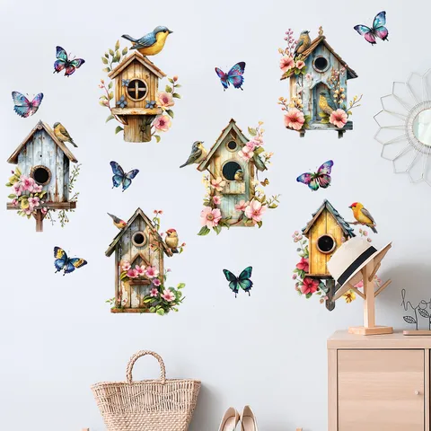Pastoral Magpie Bird Birdhouse Butterfly Wall Stickers Waterproof PVC Self Adhesive Wall Decal For Living Room Bedroom Art Decor