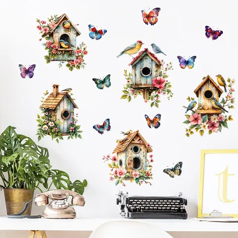 Watercolor Bird House Magpie Butterfly Wall Sticker Waterproof Self-Adhesive PVC Floral Wall Decal For Living Room Bedroom Home Decor