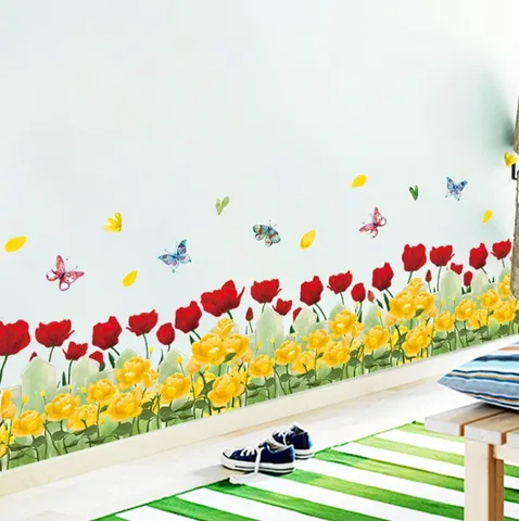 Pastoral PVC Waterproof Self-Adhesive Skirting Line Wall Sticker Floral Grass Butterfly Fence Home Decor Wall Art Decal