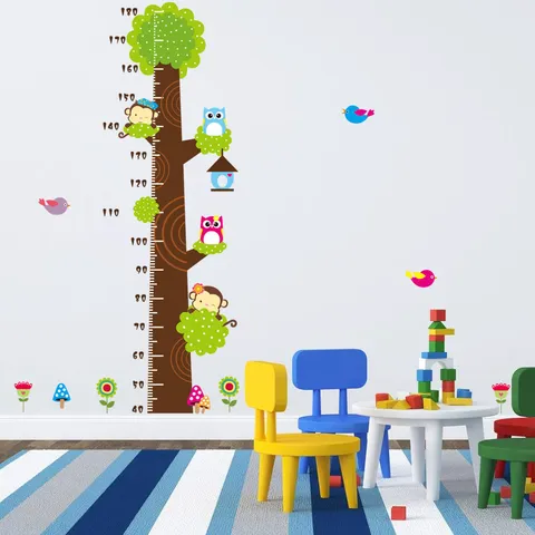 Cartoon Owl Monkey Tree Height Chart Wall Sticker Waterproof PVC Growth Ruler For Kids Room Nursery Bedroom Wall Decor