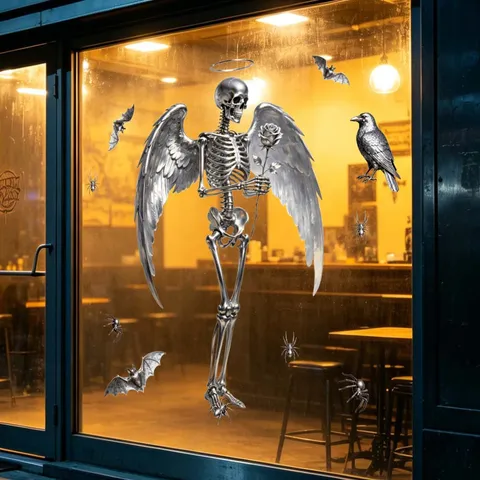 3D Silver Skull Angel Halloween Static Window Stickers Metallic Gothic Skeleton Wings Bats Spiders Raven Decals For Home Party Decor