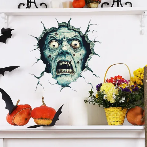 3D Zombie Breaking Through Wall Sticker Halloween Horror Window Decal PVC Double Sided Adhesive Wallpaper Waterproof Party Decor