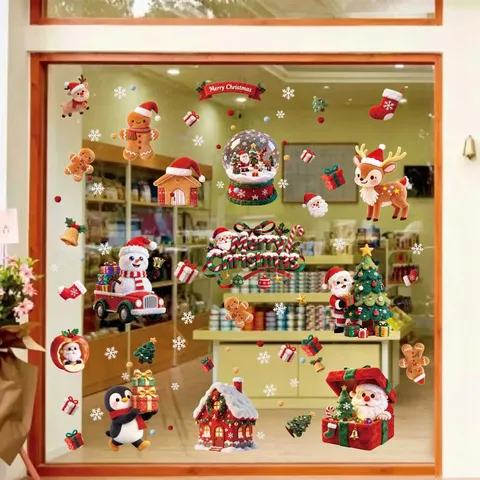 3D Cartoon Christmas Static Window Stickers Double Sided Reindeer Santa Claus Gingerbread Man PVC Decals For Showcase Decoration