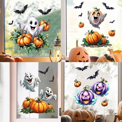 Stickers Fenêtre Halloween Citrouille Fantôme Imprimé Double Face PVC Autocollants Vitre Amovibles Décoration Automne Stickers Muraux pour Fenêtre Maison