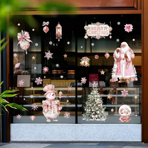 Gentle Pink Christmas Window Clings Static Stickers Santa Snowman Xmas Tree Snowflake Bell Crystal Ball Mall Home Decoration