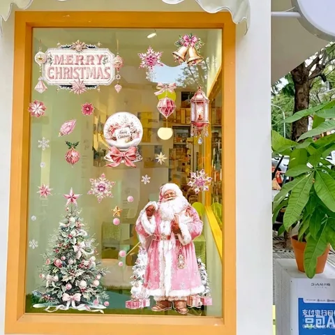 Gentle Pink Christmas Window Clings Static Stickers Santa Snowman Xmas Tree Snowflake Bell Crystal Ball Mall Home Decoration