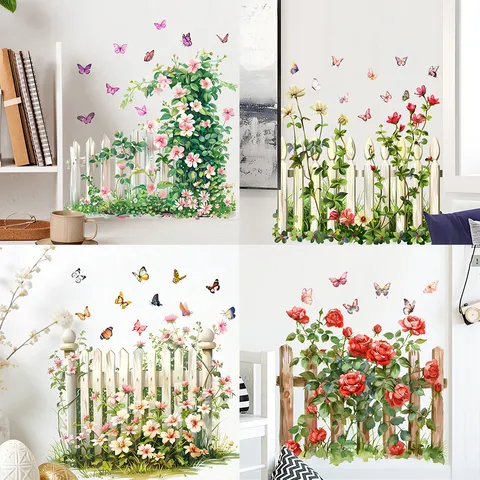 Pastoral Garden Fence Flowers Butterfly Wall Stickers PVC Waterproof Removable Floral Wall Decals For Living Room Bedroom Home Decor
