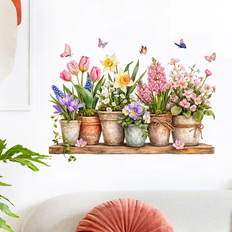 Pegatina de Pared 3D Planta en Maceta Tulipán Mariposa Floral Autoadhesiva Impermeable Calcomanía para Sala de Estar Dormitorio
