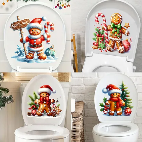 Sticker de Toilette de Noël Bonhomme de Pain d'Épices Imperméable Amovible Sticker Mural PVC Salle de Bain Décoration de Noël