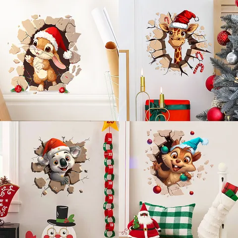 3D Broken Wall Christmas Animal Wall Sticker PVC Self-adhesive Rabbit Giraffe Squirrel Koala Decal Holiday Home Decor