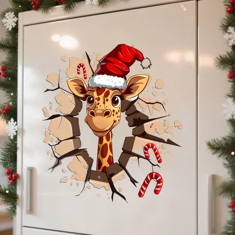 3D Broken Wall Christmas Animal Wall Sticker PVC Self-adhesive Rabbit Giraffe Squirrel Koala Decal Holiday Home Decor
