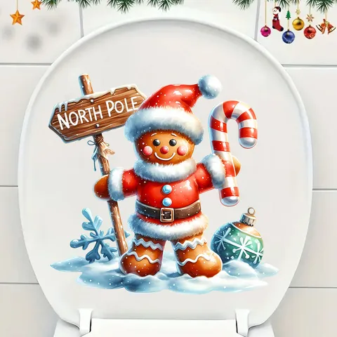 Sticker de Toilette de Noël Bonhomme de Pain d'Épices Imperméable Amovible Sticker Mural PVC Salle de Bain Décoration de Noël