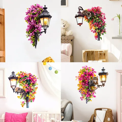 Removable PVC Street Lamp Flower Vine Cat Wall Sticker Waterproof Decal For Living Room Bedroom Background Home Decoration
