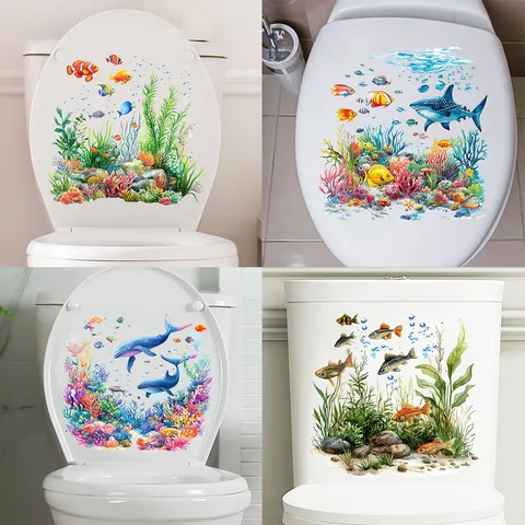 Ocean Life Waterproof Toilet Sticker PVC Removable Dolphin Shark Coral Seaweed Bathroom Decor Wall Art Home Decal