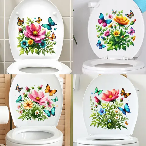 Floral Butterfly Toilet Lid Sticker Waterproof Self Adhesive Bathroom Wall Decal Colorful Flower Garden Home Decor Art