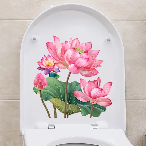 Waterproof Pink Lotus Flower Wall Sticker PVC Self Adhesive Toilet Decal Chinese Style Floral Decoration For Bathroom