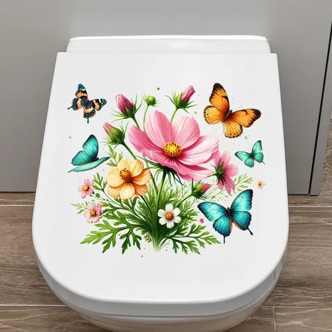 Floral Butterfly Toilet Lid Sticker Waterproof Self Adhesive Bathroom Wall Decal Colorful Flower Garden Home Decor Art
