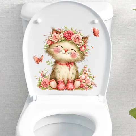Cartoon Cat Butterfly Wall Sticker Waterproof PVC Self-Adhesive Toilet Sticker Removable Flower Home Decor For Living Room Bathroom