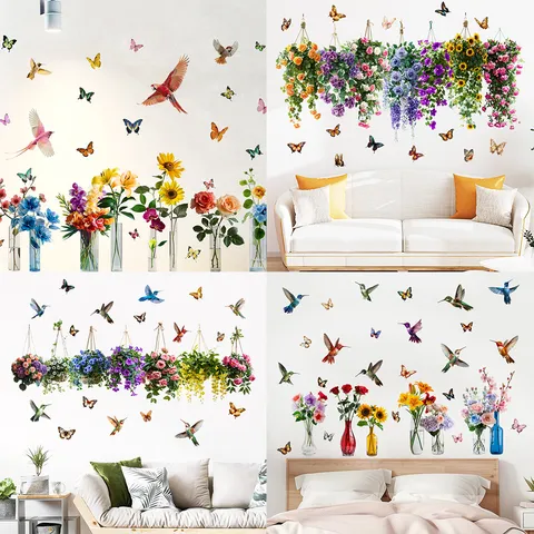 Adesivi Murali Realistici Con Cesto di Fiori Appesi Impermeabile in PVC Decalcomanie Con Colibrì e Farfalle Per Soggiorno Camera Da Letto Decorazioni Casa